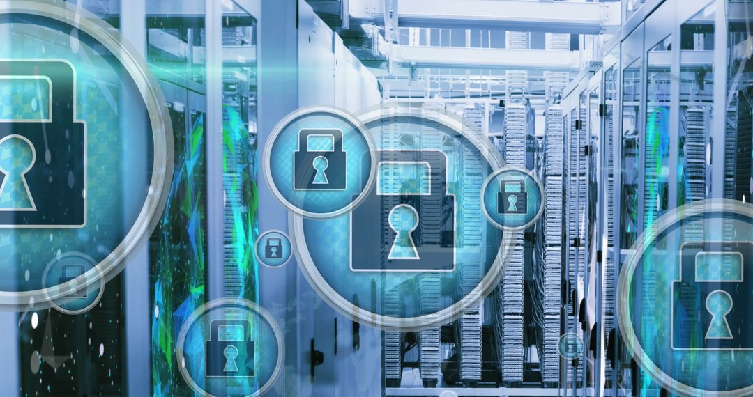 Cyber Security Locks Overlay in Modern Server Room