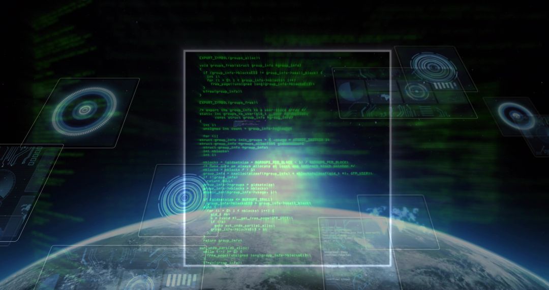 Holographic HUD projecting green code over Earth horizon in futuristic orbital interface