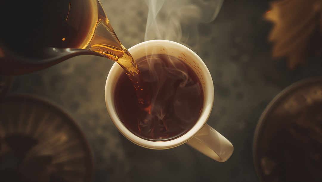 Pouring Hot Coffee from Carafe into Mug, Steaming Cup