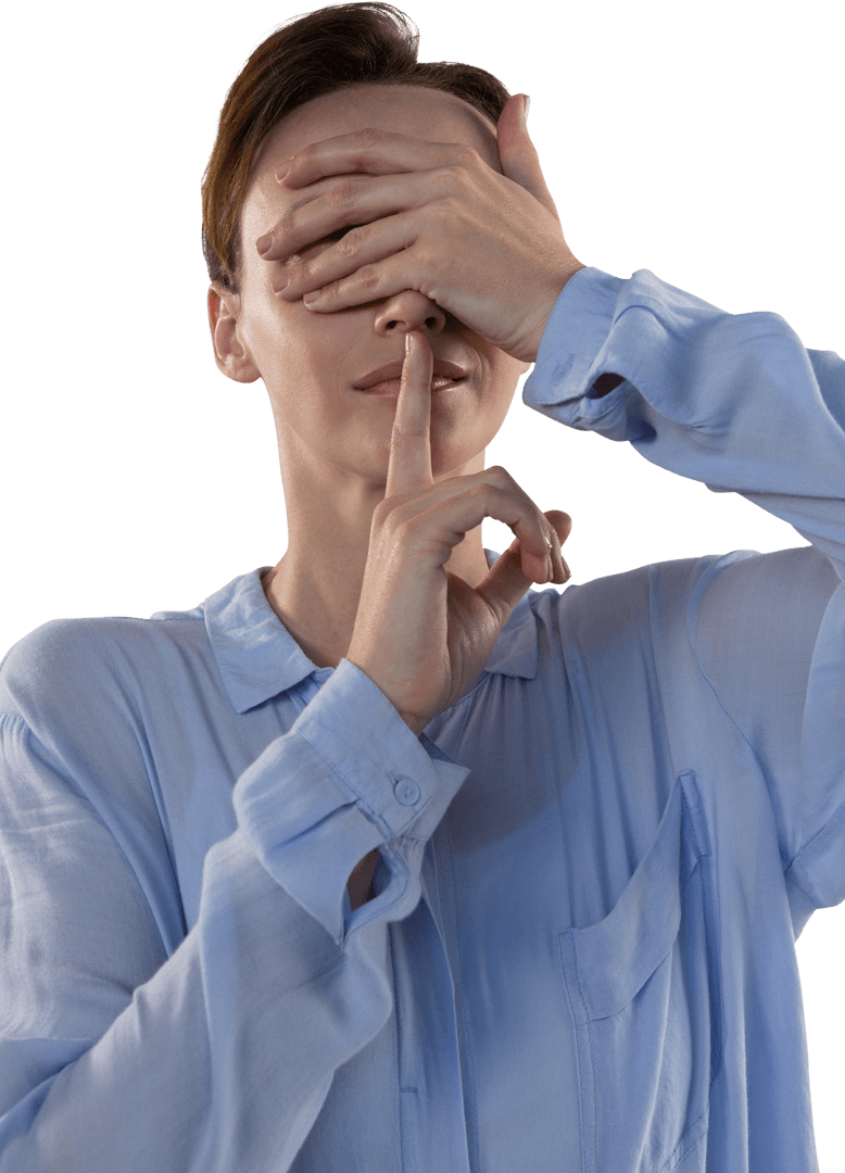 Mysterious Businesswoman Gesturing Silence with Finger