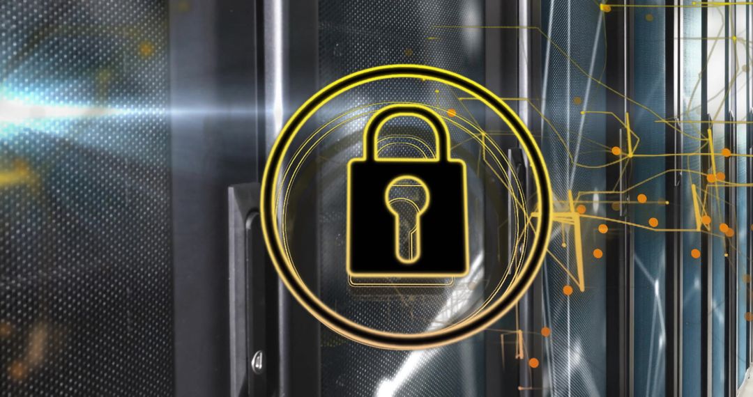 Cybersecurity Digital Lock Overlay on Server Room Background