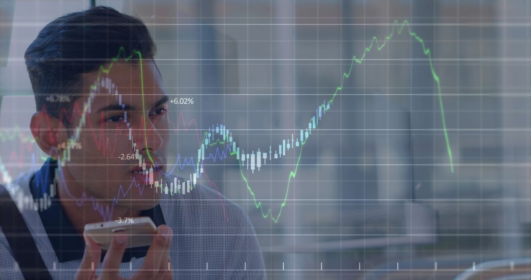 Business Professional Discussing Financial Data with Digital Analytics Chart Overlay