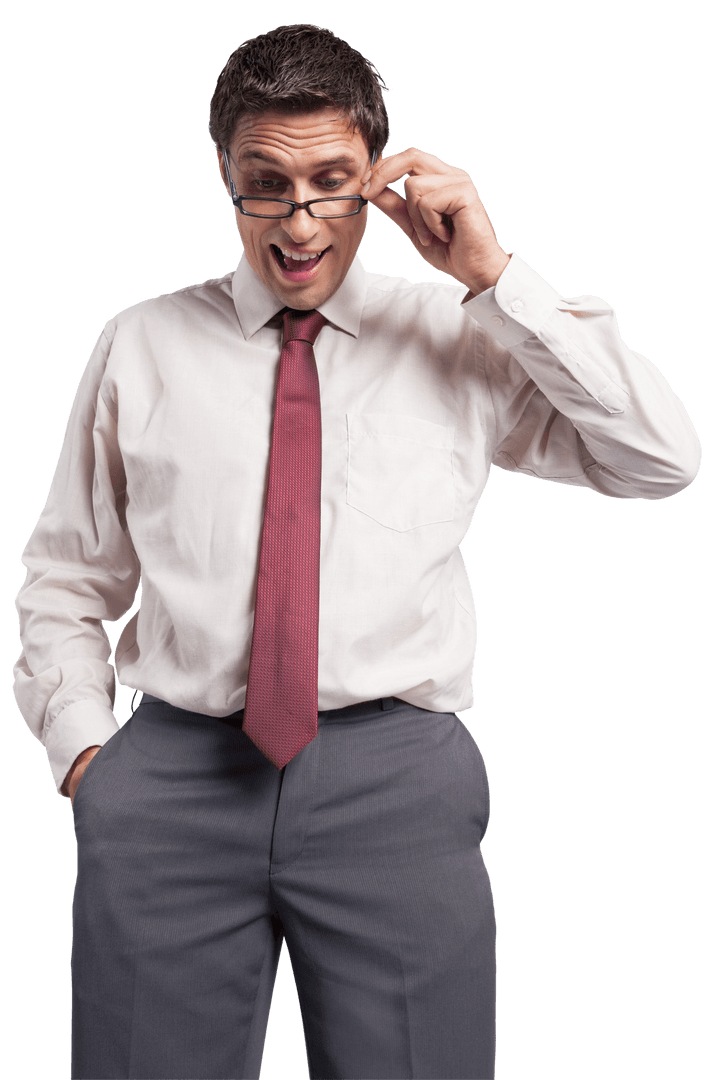 Transparent Surprised Businessman Adjusting Glasses
