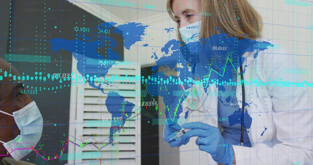 Doctor in Mask with Syringe and Global Healthcare Analytics