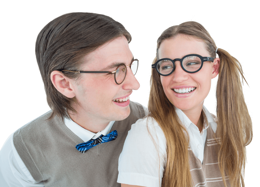 Transparent Smiling Geeky Hipster Couple with Glasses Hugging