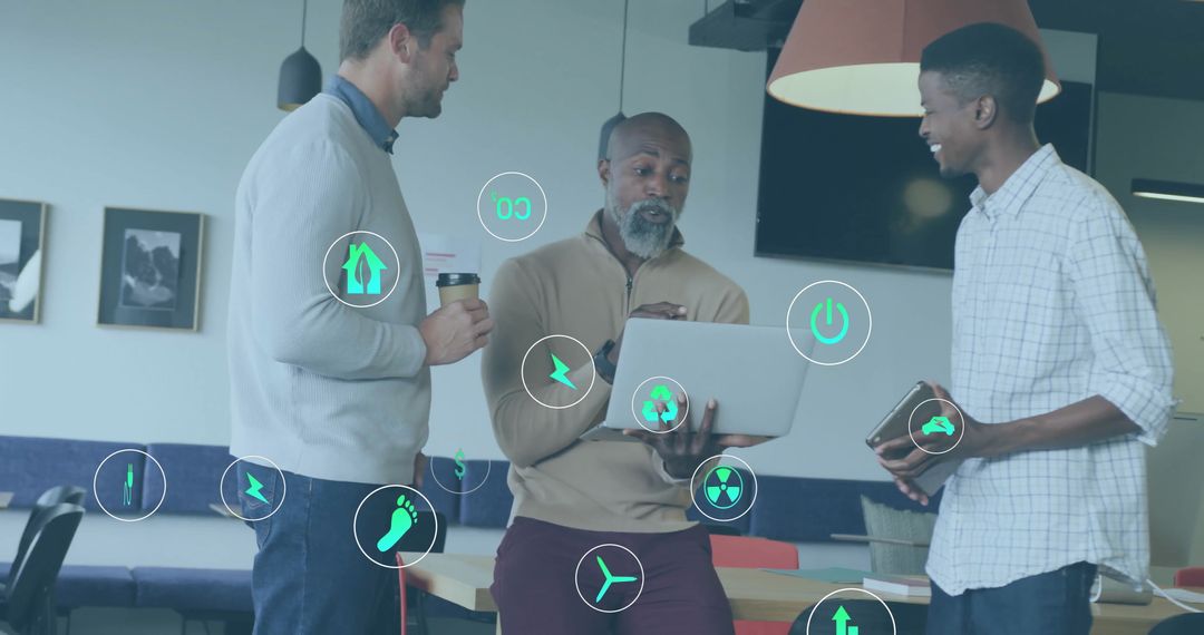 Diverse Colleagues Discussing Eco-Friendly Solutions in Modern Office