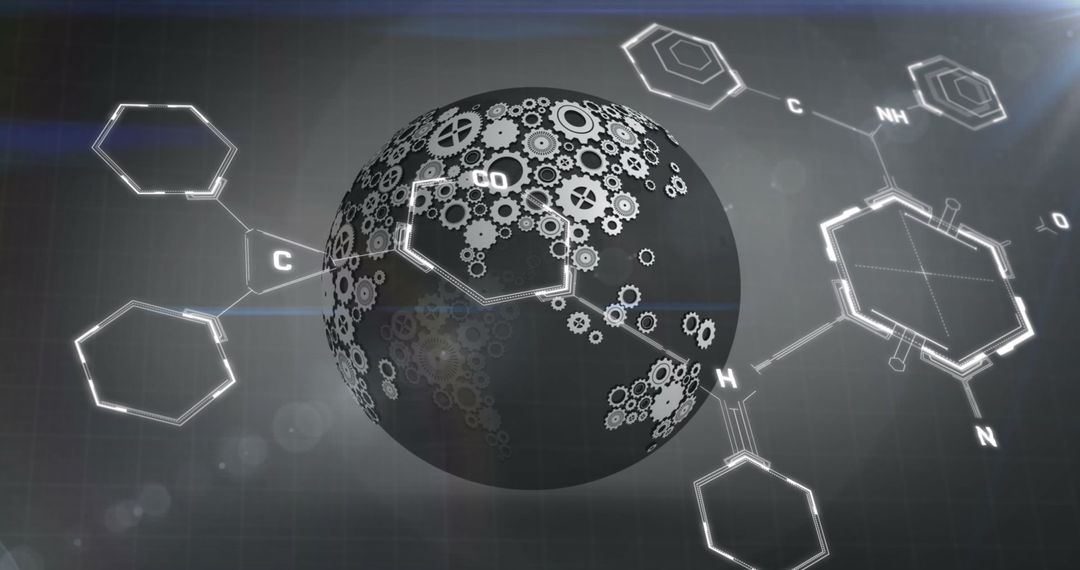 Conceptual Globe with Chemical Structures and Gears