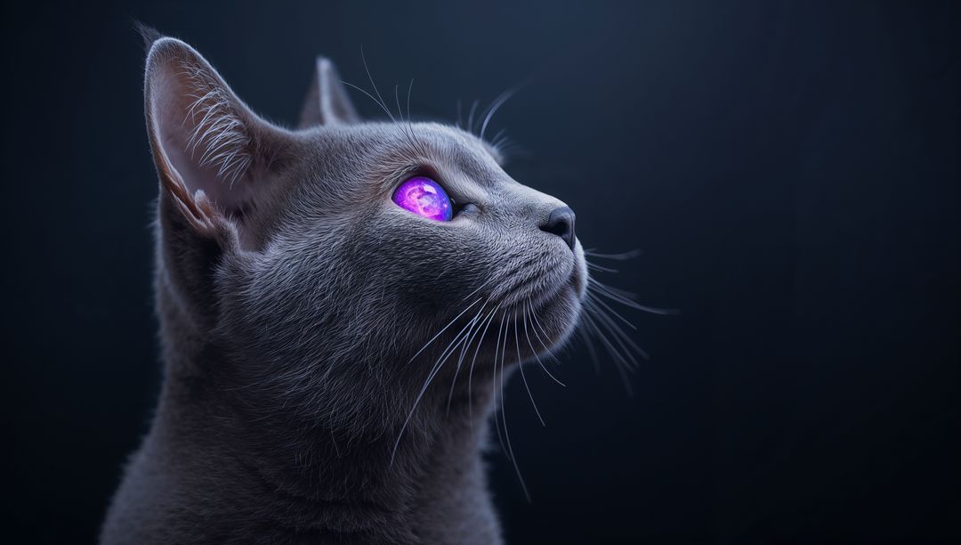 Mystical Grey Cat with Cosmic Purple Eyes in Surreal Portrait