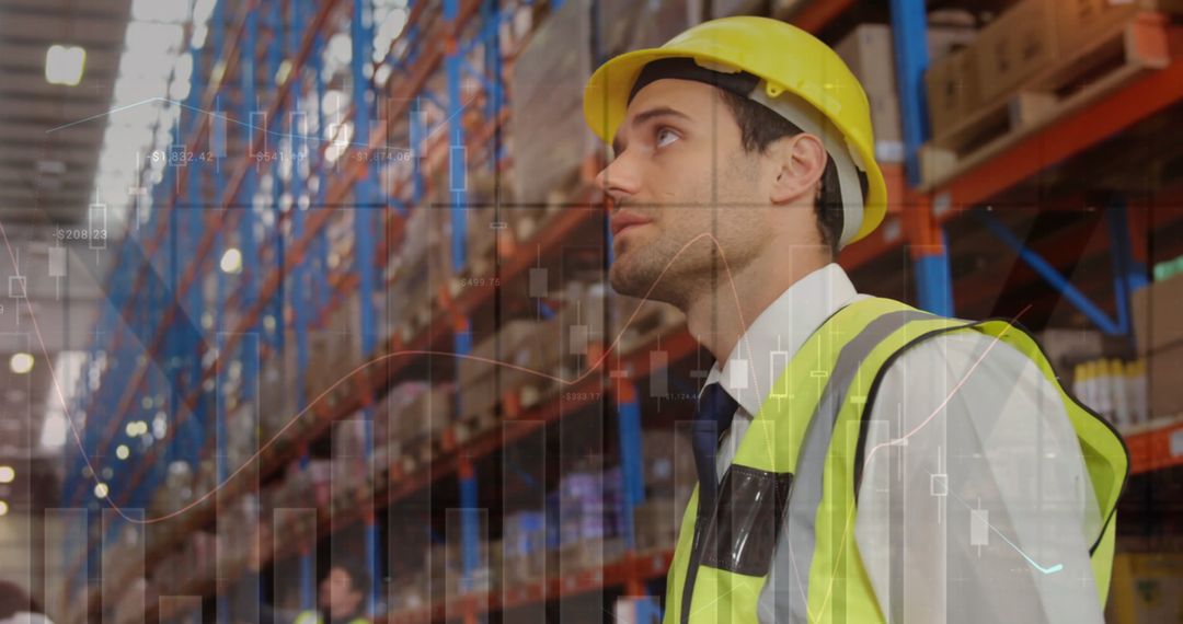 Warehouse Logistics Professional Overseeing Operations with Data Overlay