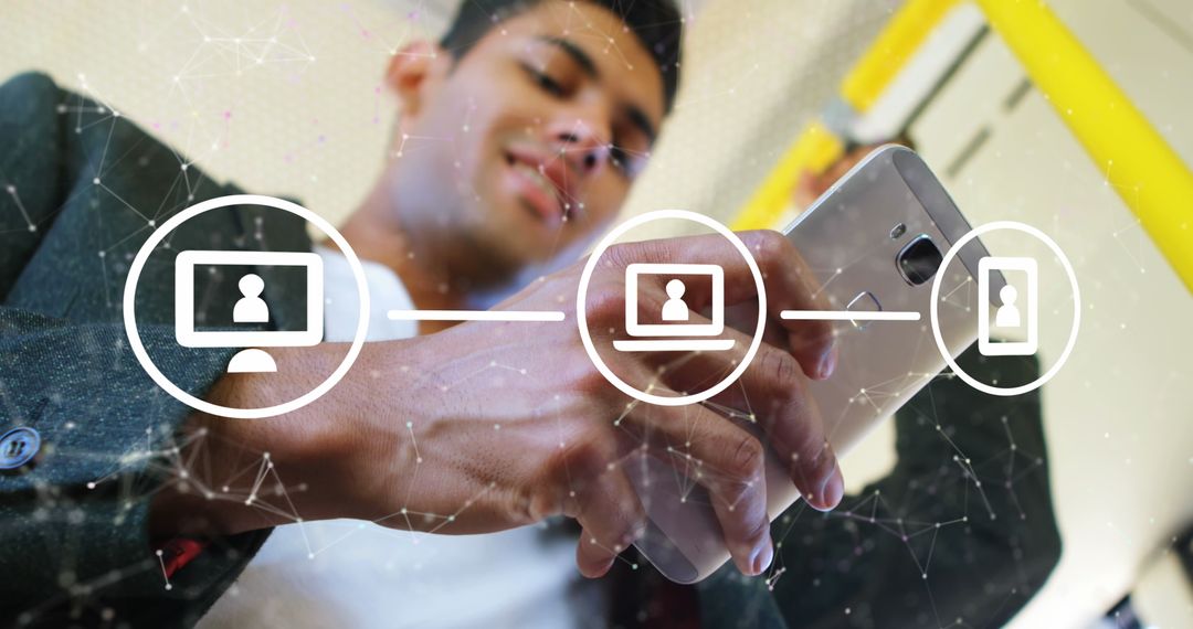 Young Man Using Smartphone with Digital Connectivity Icons