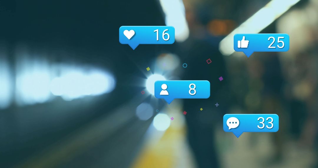 Social Media Interaction Icons Over Train Station