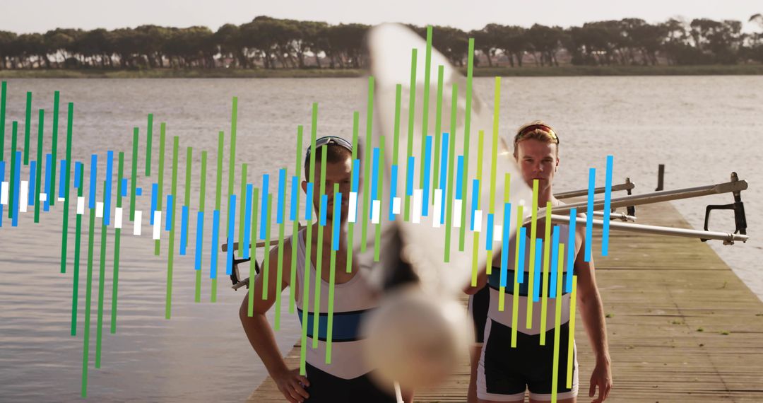 Rowing pair carrying shell on dock at sunlit lake, holding oars with waveform overlay