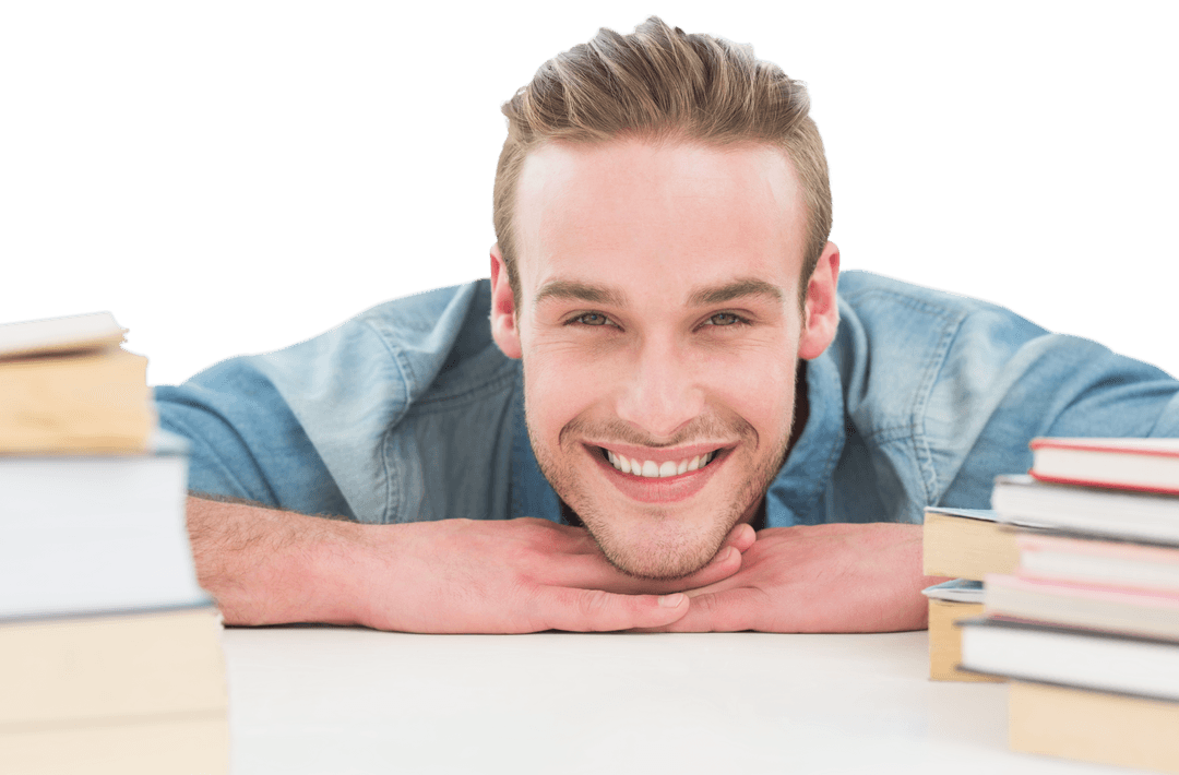 Transparent Portrait of Smiling Man Leaning on Desk Surrounded by Books