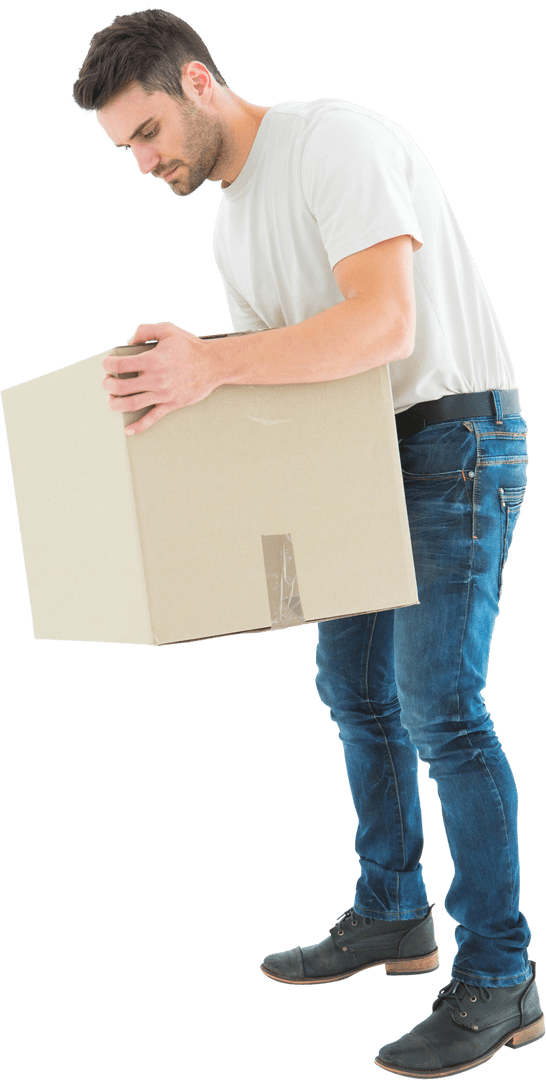 Man Carrying Box in Jeans on Transparent Background