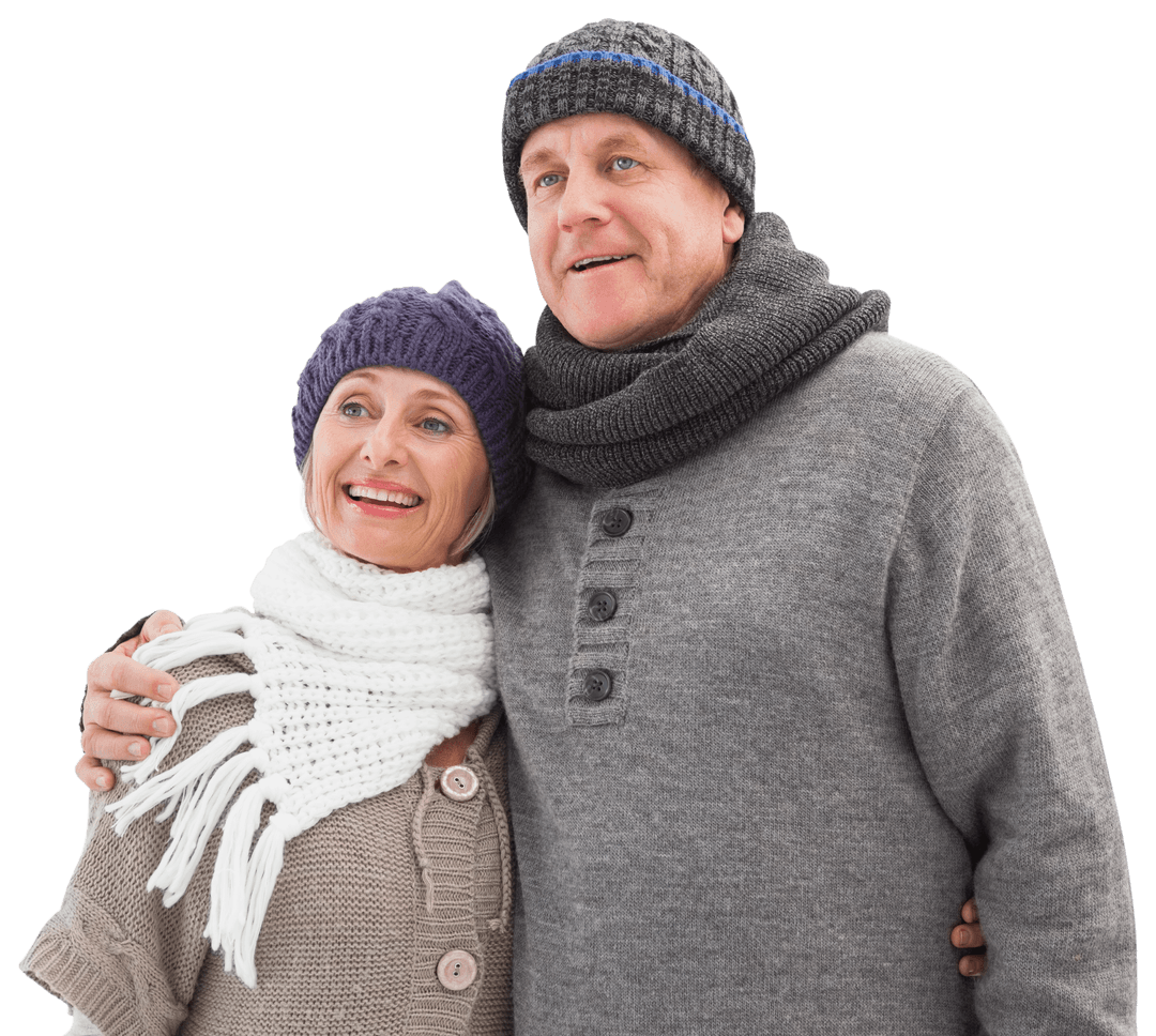 Happy Caucasian Couple Embracing in Winter Clothes on Transparent Background