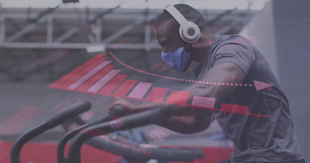 Man Working Out with Mask and Fitness Data Overlay