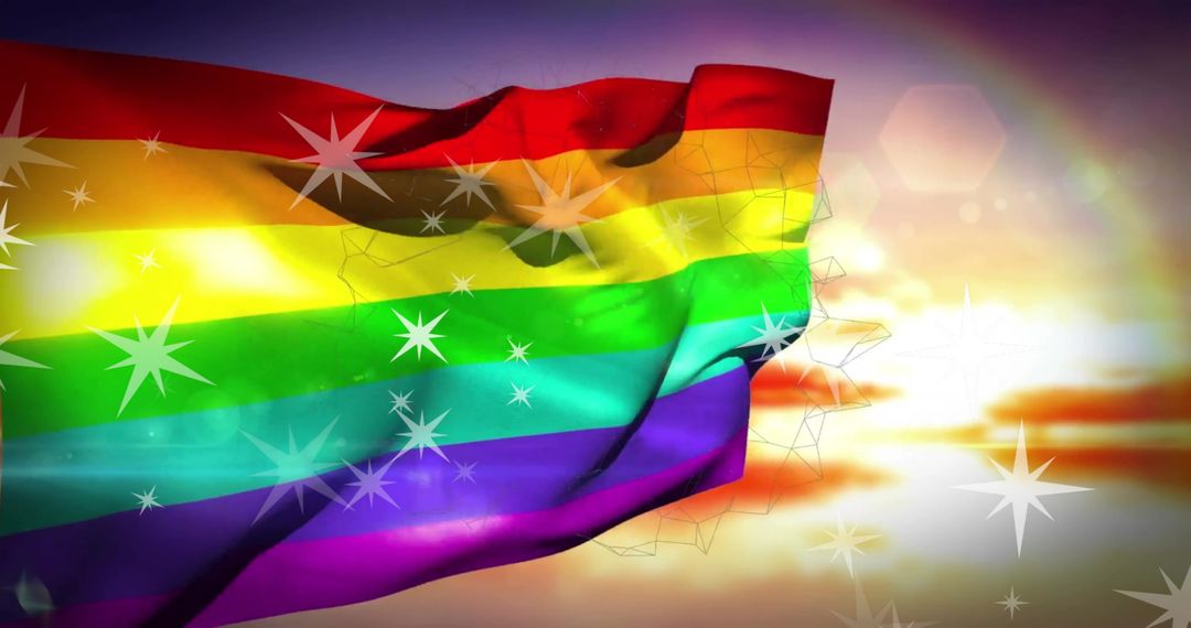 Rainbow Flag with Stars Against Scenic Sky