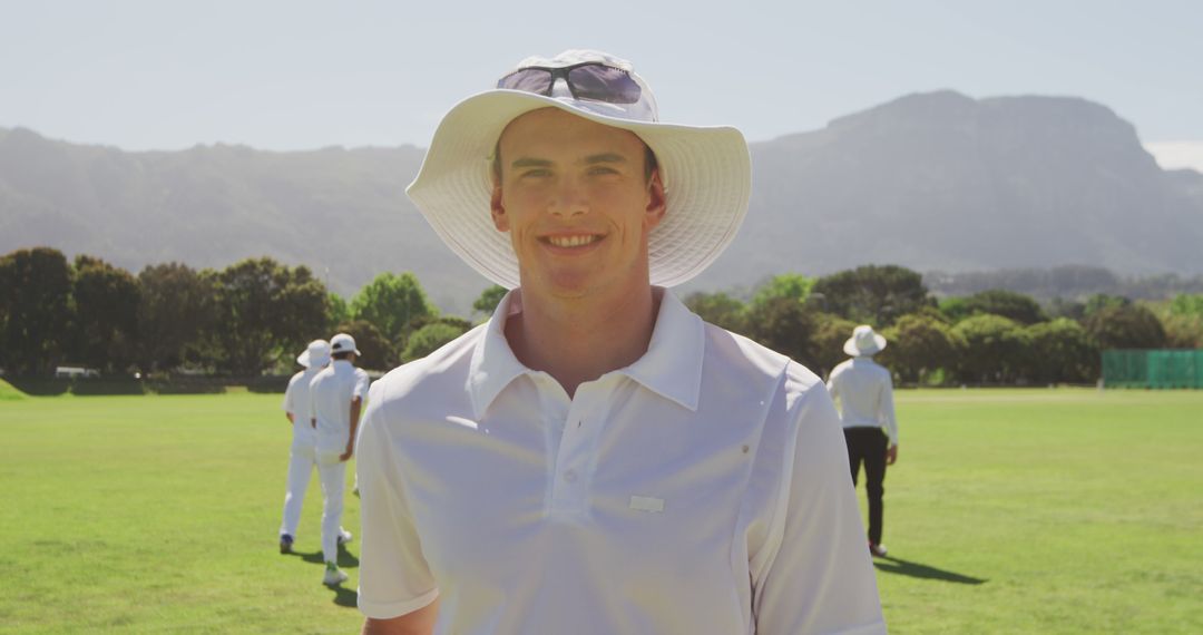 Cricket Player Smiling on Field with Mountains in Background - Free Images, Stock Photos and Pictures on Pikwizard.com