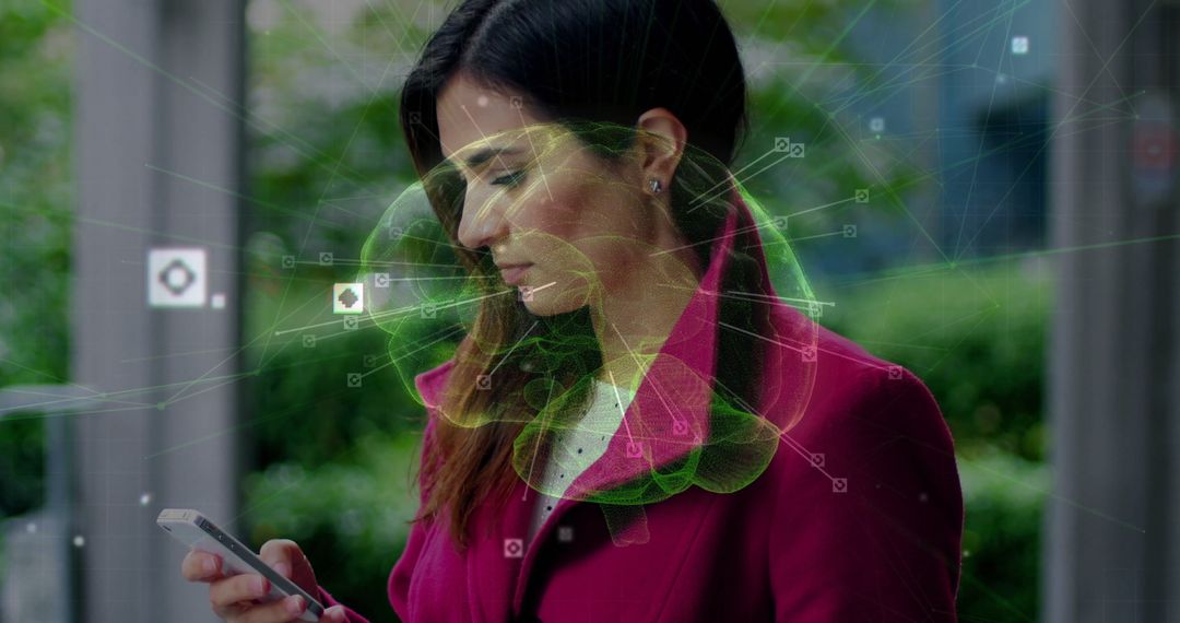 Woman at Bus Stop Exploring Digital Connectivity Through Smartphone