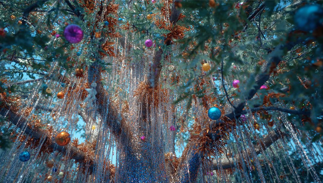Festive Tree Adorned with Colorful Baubles and Tinsel
