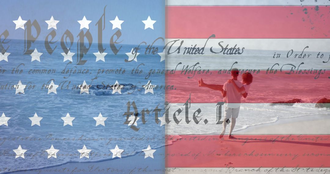 Blissful Couple on American Patriotic Beachscape Background