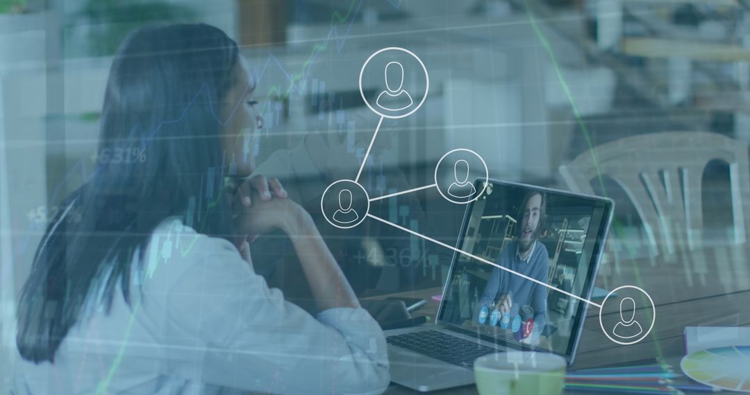 Businesswoman Engaging in Virtual Meeting with Digital Graph Overlays
