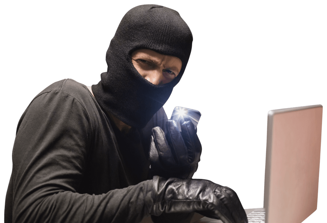 Caucasian Criminal with Laptop on Transparent Background