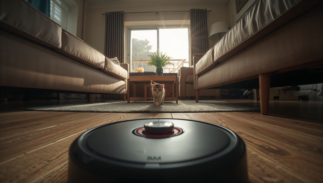 AI Robot Vacuum Moving Towards Cat in Modern Living Room