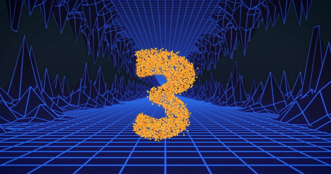 Glittering Number 3 Countdown in Futuristic Grid Tunnel