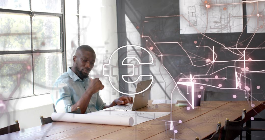 Architect Analyzing Blueprints with Euro Graphics in Modern Studio