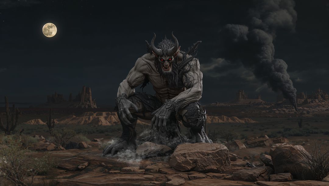 Fierce Demonic Creature Under Moonlit Desert Sky