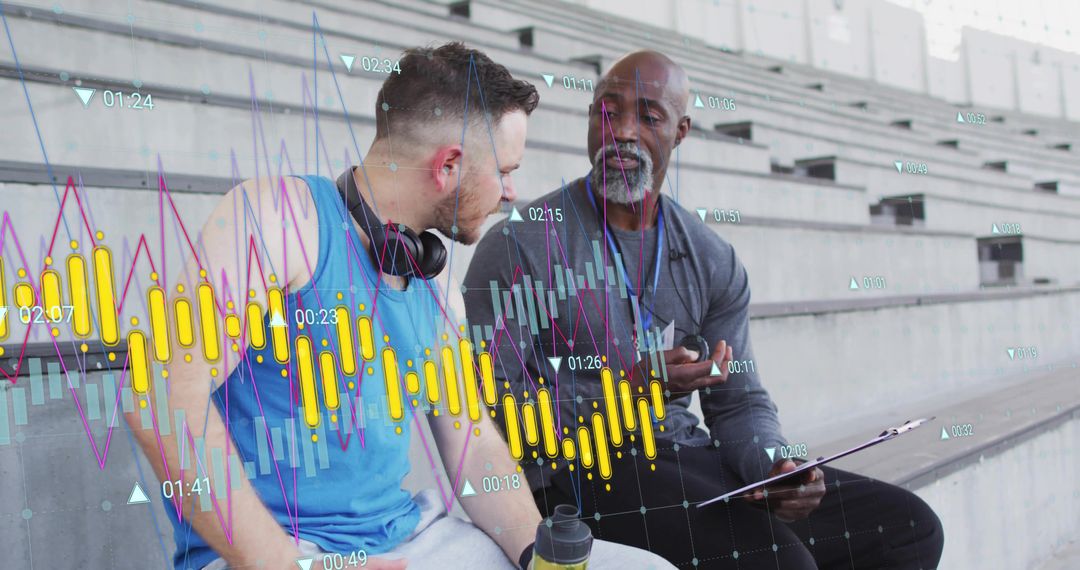 Coach consulting athlete on performance metrics on stadium bleachers using wearable data