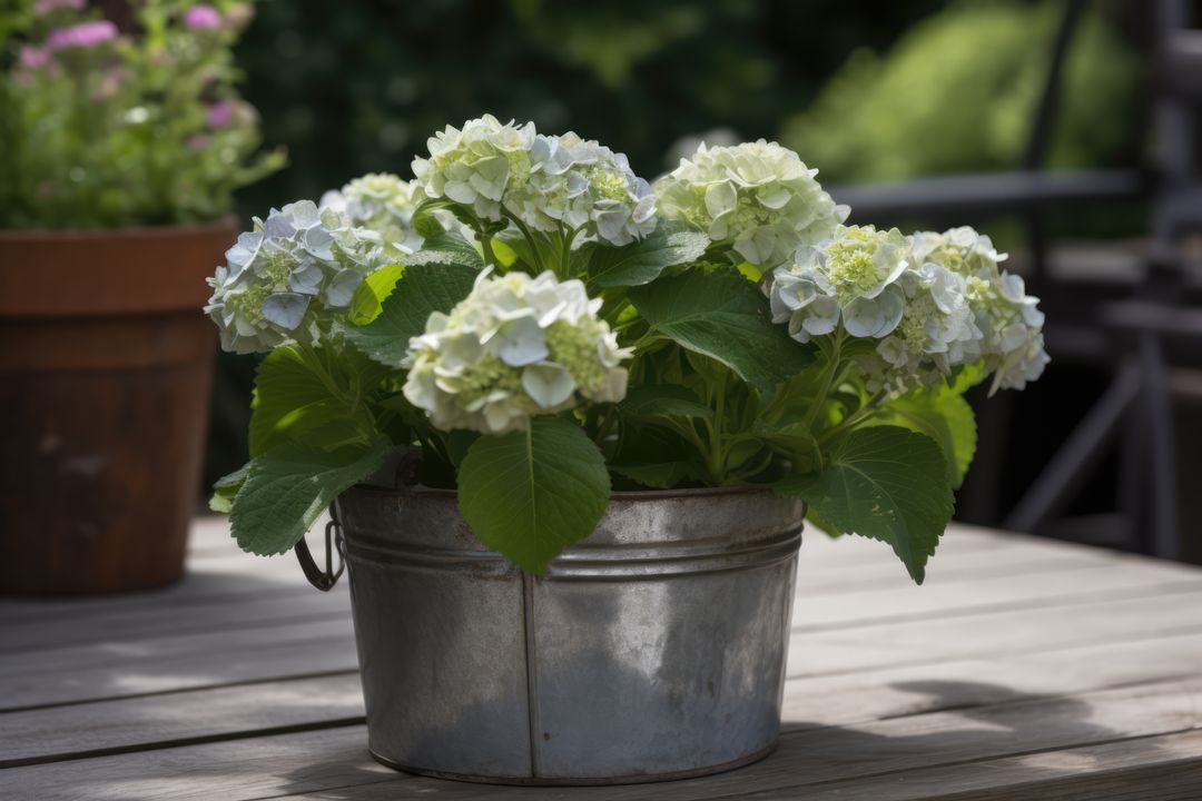 White hydrangeas in metal planter in sunny garden, created using generative ai technology - Free Images, Stock Photos and Pictures on Pikwizard.com