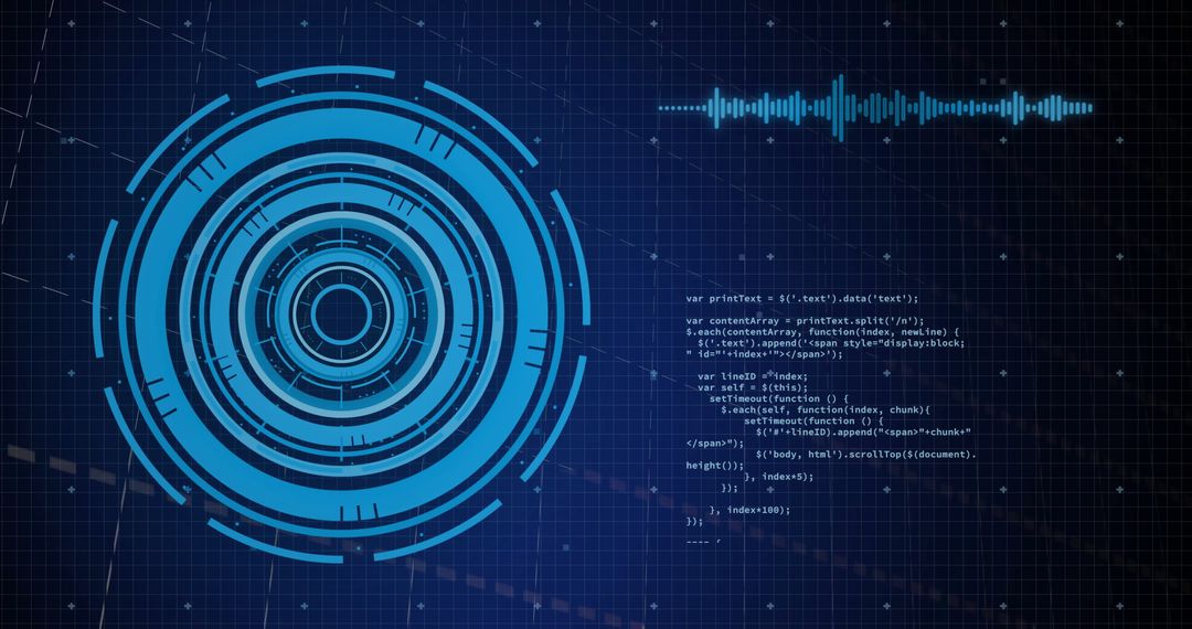 Futuristic HUD Interface with Audio Waveform and Code