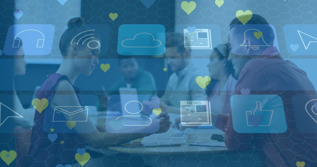 Digital Interface Icons Overlaying Diverse Business Team Meeting
