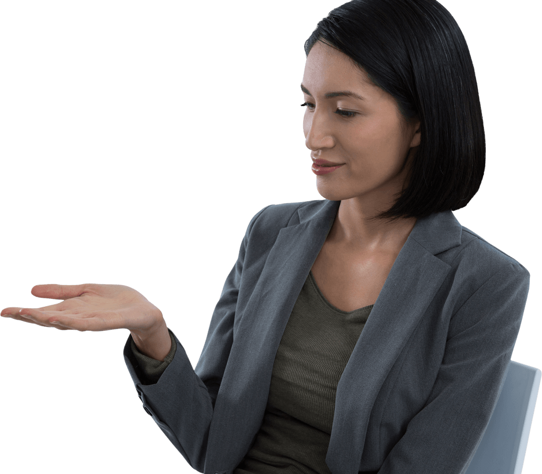 Businesswoman Pretending Holding Transparent Object in Grey Suit