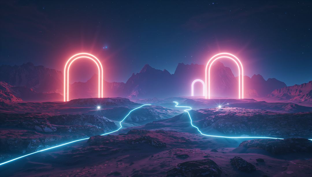 Futuristic Neon Archway. Alien Landscape Illuminated with Pink Glow
