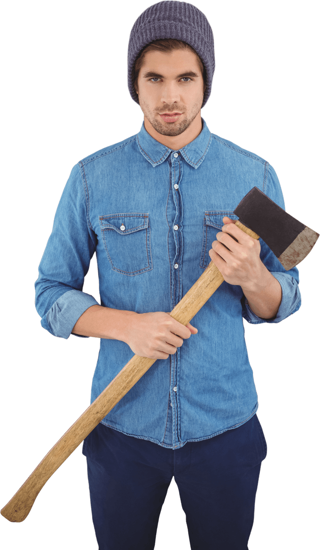 Serious Hipster in Beanie Holding Transparent Axe