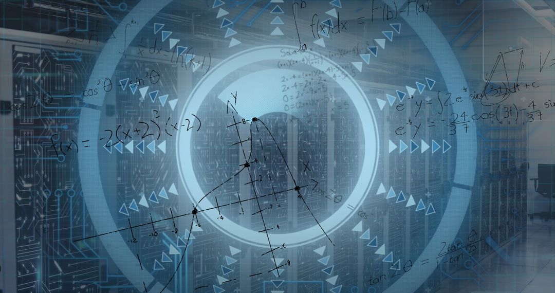 digital interface with mathematical calculations over data center - Free Images, Stock Photos and Pictures on Pikwizard.com