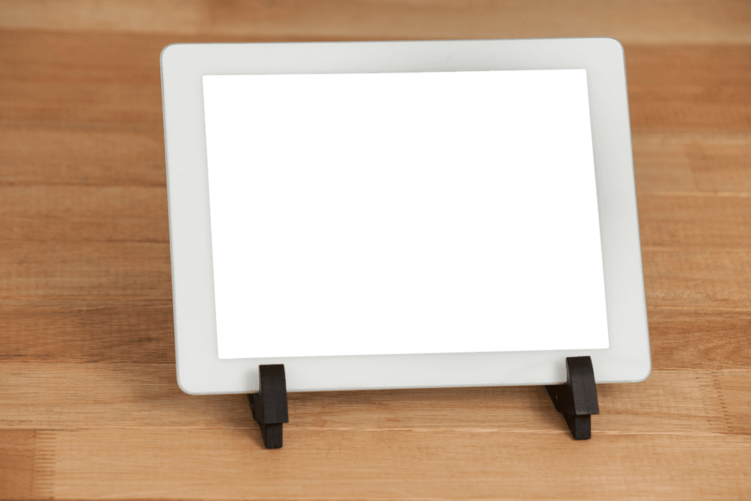 Digital Tablet Display with Black Screen on Wooden Surface Transparent Background