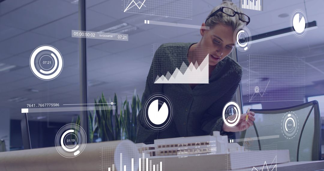 Architect reviewing scale model with holographic data visualization and analytics overlays