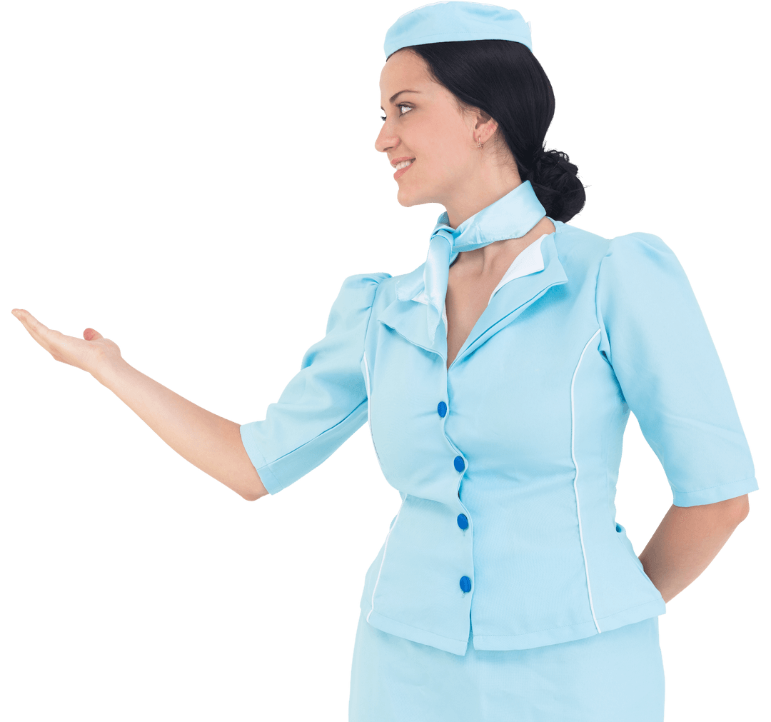Transparent Air Hostess Presenting Gesture in Blue Uniform