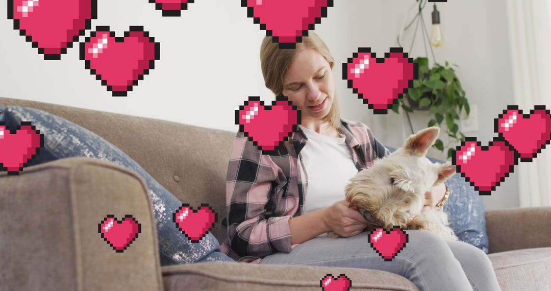 Smiling Woman Enjoying Time with Dog Surrounded by Pixel Hearts