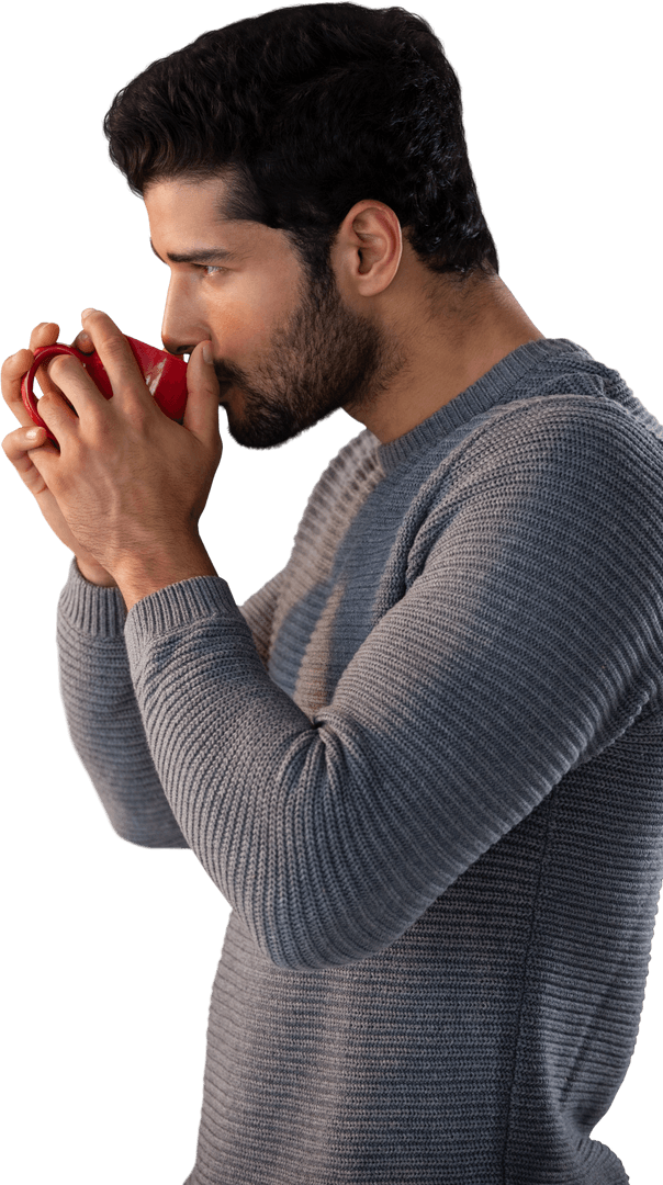 Transparent Side View Man Drinking from Red Coffee Cup