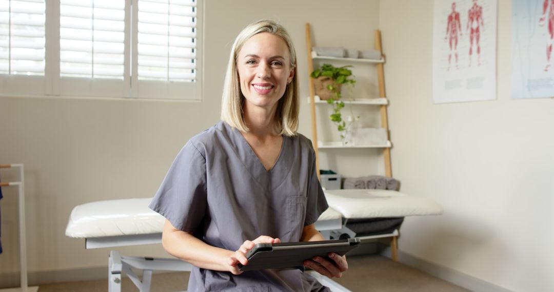 Smiling Female Technician in Prosthetic Lab with Digital Tablet