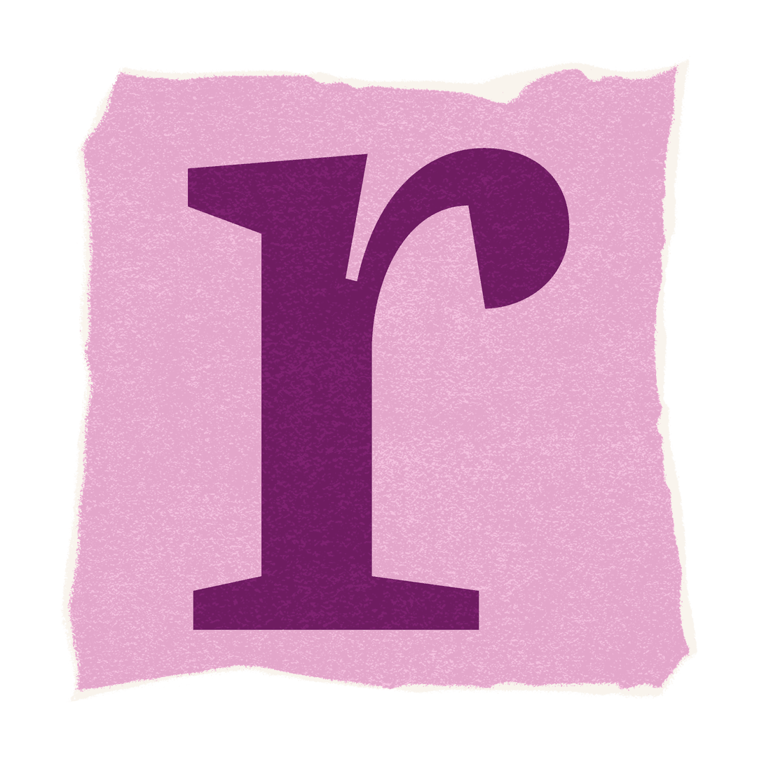 Flat Purple Lowercase R on Torn Pink Square Transparent Design