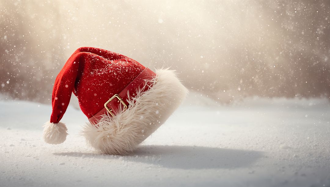 Crimson Santa hat with gold buckle resting on snow, fur trim, pom-pom and falling snowflakes