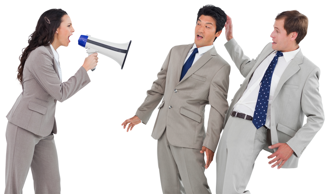 Transparent Stressed Businessman Reaction to Businesswoman Shouting with Megaphone - Download Free Stock Images Pikwizard.com