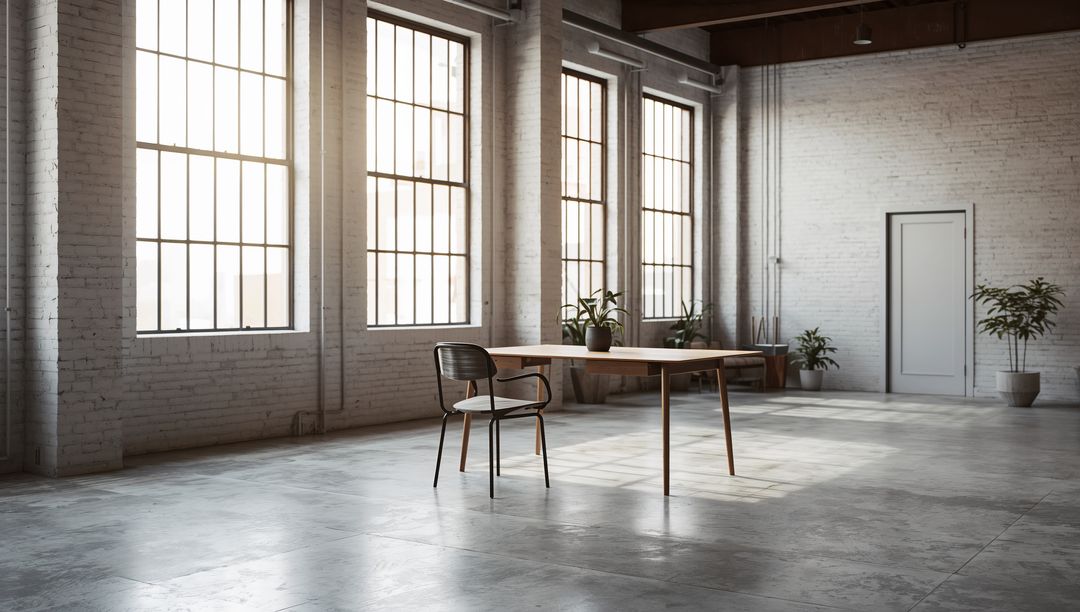 Sunlight Pouring through Grid Windows Illuminating Wooden Table and Metal Chair in Loft