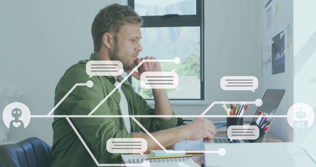 Businessman Analyzing AI Data on Laptop in Modern Office